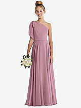 Front View Thumbnail - Dusty Pink One-Shoulder Scarf Bow Chiffon Junior Bridesmaid Dress