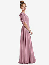 Side View Thumbnail - Dusty Pink One-Shoulder Scarf Bow Chiffon Junior Bridesmaid Dress