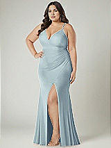 Alt View 1 Thumbnail - Mist Deep V-Neck Stretch Satin Mermaid Dress with Slight Train