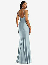 Rear View Thumbnail - Mist Deep V-Neck Stretch Satin Mermaid Dress with Slight Train