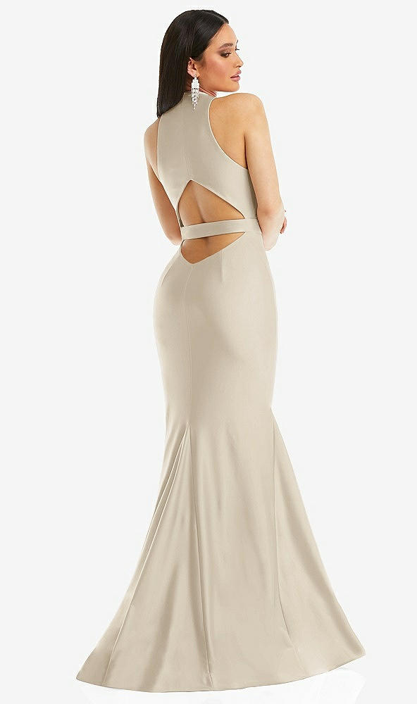 Back View - Champagne Plunge Neckline Cutout Low Back Stretch Satin Mermaid Dress