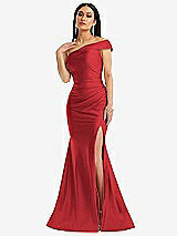 Alt View 1 Thumbnail - Poppy Red One-Shoulder Bias-Cuff Stretch Satin Mermaid Dress with Slight Train