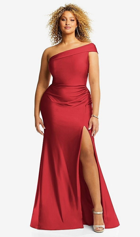 Front View - Poppy Red One-Shoulder Bias-Cuff Stretch Satin Mermaid Dress with Slight Train