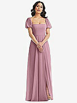 Front View Thumbnail - Dusty Pink Puff Sleeve Chiffon Maxi Dress with Front Slit