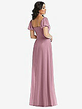 Rear View Thumbnail - Dusty Pink Puff Sleeve Chiffon Maxi Dress with Front Slit