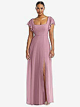 Alt View 1 Thumbnail - Dusty Pink Flutter Sleeve Scoop Open-Back Chiffon Maxi Dress