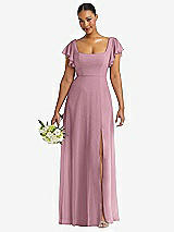 Front View Thumbnail - Dusty Pink Flutter Sleeve Scoop Open-Back Chiffon Maxi Dress