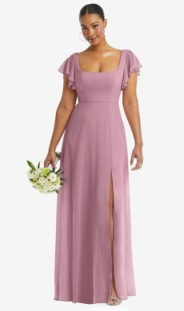 Front View - Dusty Pink Flutter Sleeve Scoop Open-Back Chiffon Maxi Dress