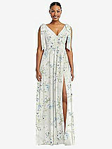 Front View Thumbnail - Bleu Garden Plunge Neckline Bow Shoulder Empire Waist Chiffon Maxi Dress
