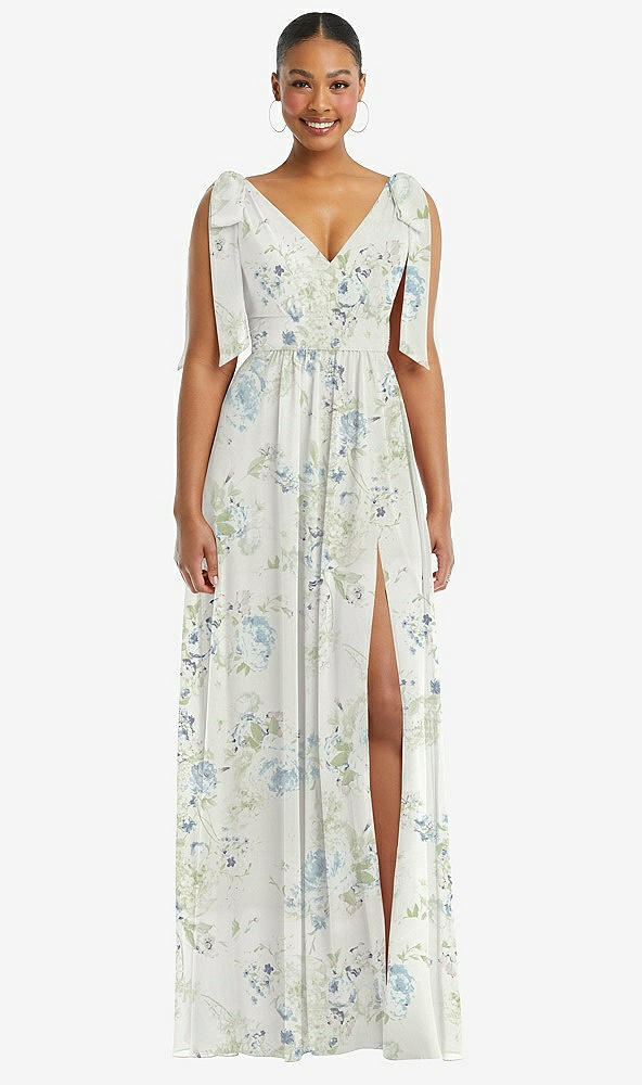 Front View - Bleu Garden Plunge Neckline Bow Shoulder Empire Waist Chiffon Maxi Dress