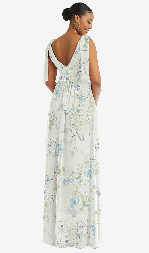 Back View - Bleu Garden Plunge Neckline Bow Shoulder Empire Waist Chiffon Maxi Dress