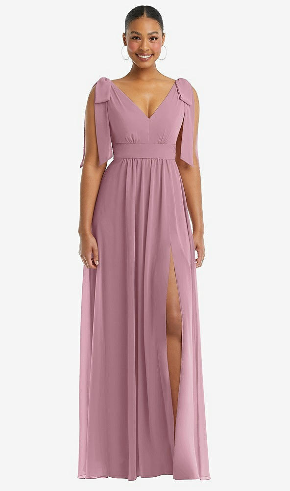 Front View - Dusty Pink Plunge Neckline Bow Shoulder Empire Waist Chiffon Maxi Dress