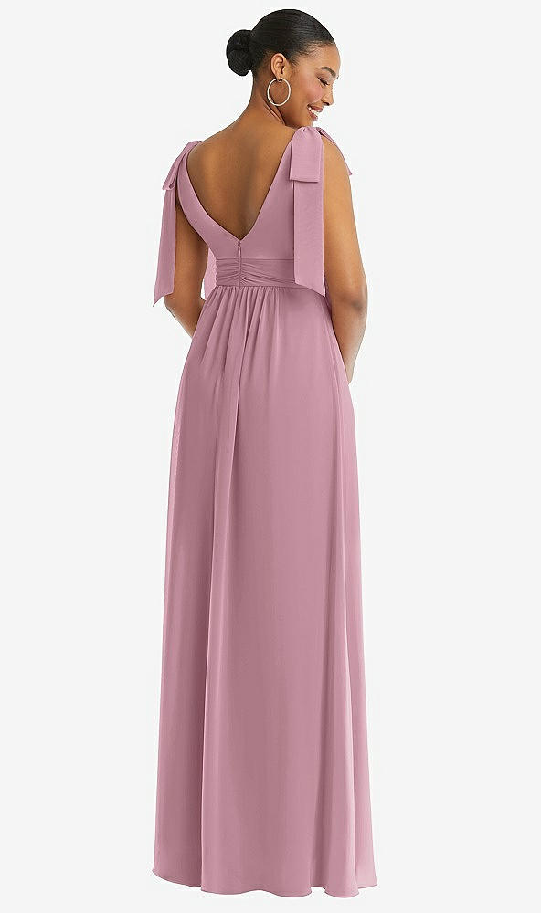 Back View - Dusty Pink Plunge Neckline Bow Shoulder Empire Waist Chiffon Maxi Dress