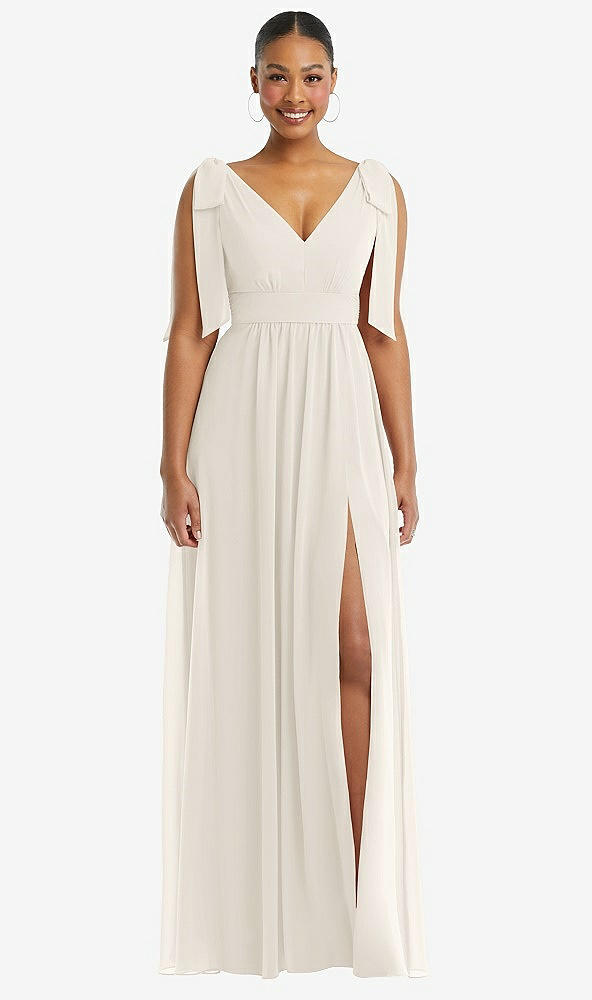 Front View - Ivory Plunge Neckline Bow Shoulder Empire Waist Chiffon Maxi Dress
