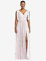 Front View Thumbnail - Watercolor Print Plunge Neckline Bow Shoulder Empire Waist Chiffon Maxi Dress