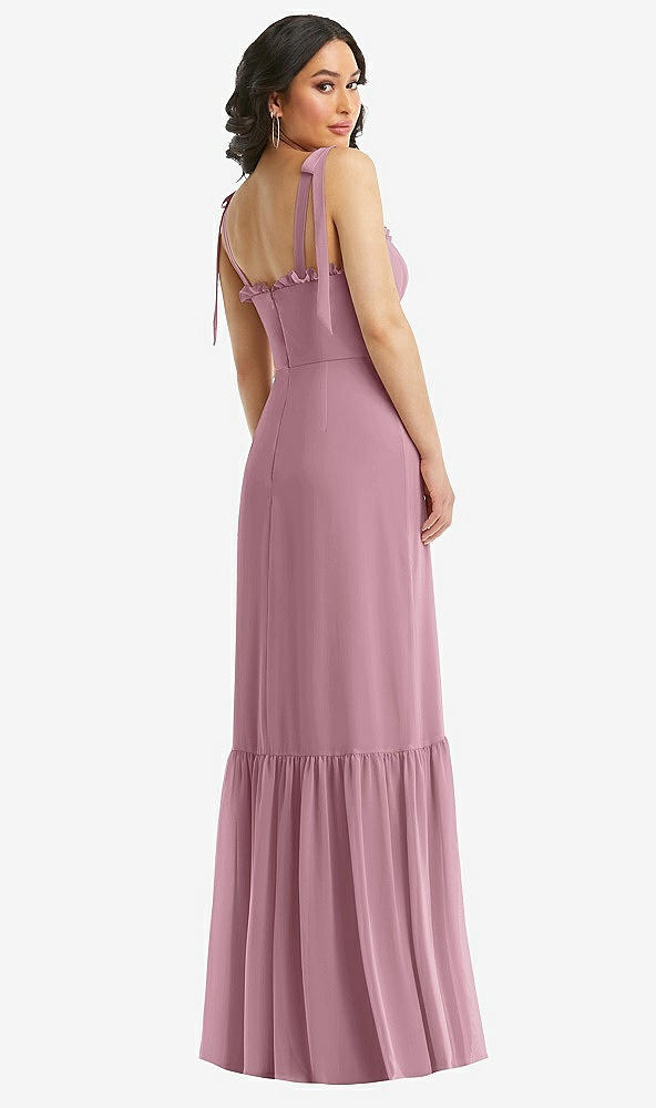 Back View - Dusty Pink Tie-Shoulder Bustier Bodice Ruffle-Hem Maxi Dress