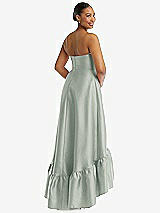 Rear View Thumbnail - Willow Green Strapless Deep Ruffle Hem Satin High Low Dress with Pockets