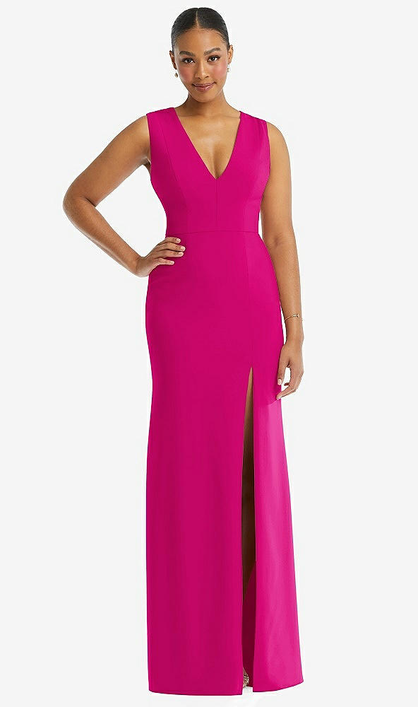 Front View - Think Pink Deep V-Neck Closed Back Crepe Trumpet Gown with Front Slit