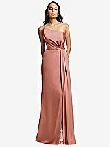 Front View Thumbnail - Desert Rose One-Shoulder Draped Skirt Satin Trumpet Gown