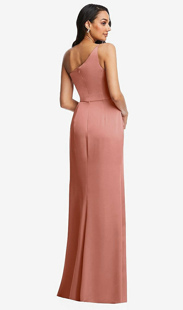 Back View - Desert Rose One-Shoulder Draped Skirt Satin Trumpet Gown