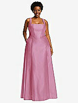 Alt View 1 Thumbnail - Powder Pink Boned Corset Closed-Back Satin Gown with Full Skirt and Pockets