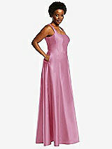 Alt View 2 Thumbnail - Powder Pink Boned Corset Closed-Back Satin Gown with Full Skirt and Pockets