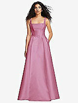 Front View Thumbnail - Powder Pink Boned Corset Closed-Back Satin Gown with Full Skirt and Pockets