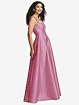 Side View Thumbnail - Powder Pink Boned Corset Closed-Back Satin Gown with Full Skirt and Pockets