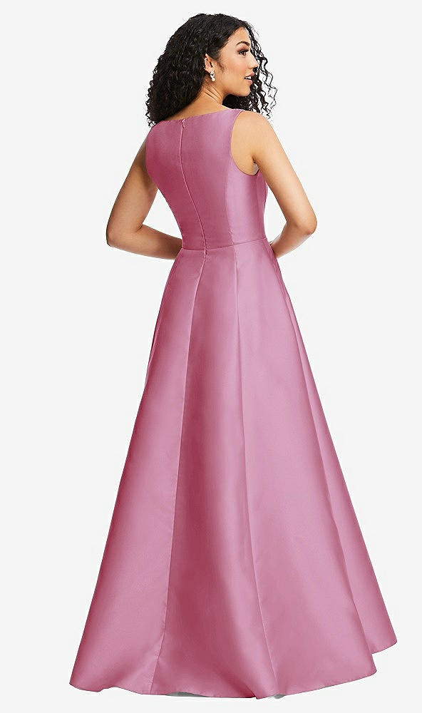 Back View - Powder Pink Boned Corset Closed-Back Satin Gown with Full Skirt and Pockets