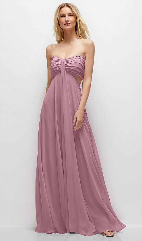 Front View - Dusty Pink Strapless Empire Waist Cutout Maxi Dress with Covered Button Detail