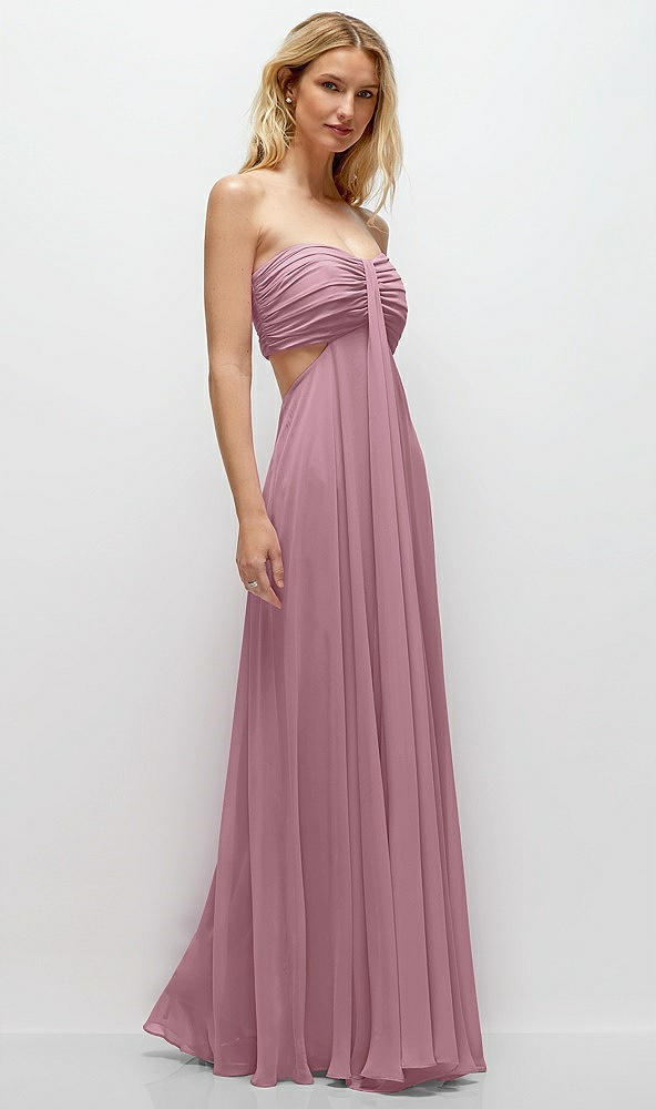 Back View - Dusty Pink Strapless Empire Waist Cutout Maxi Dress with Covered Button Detail