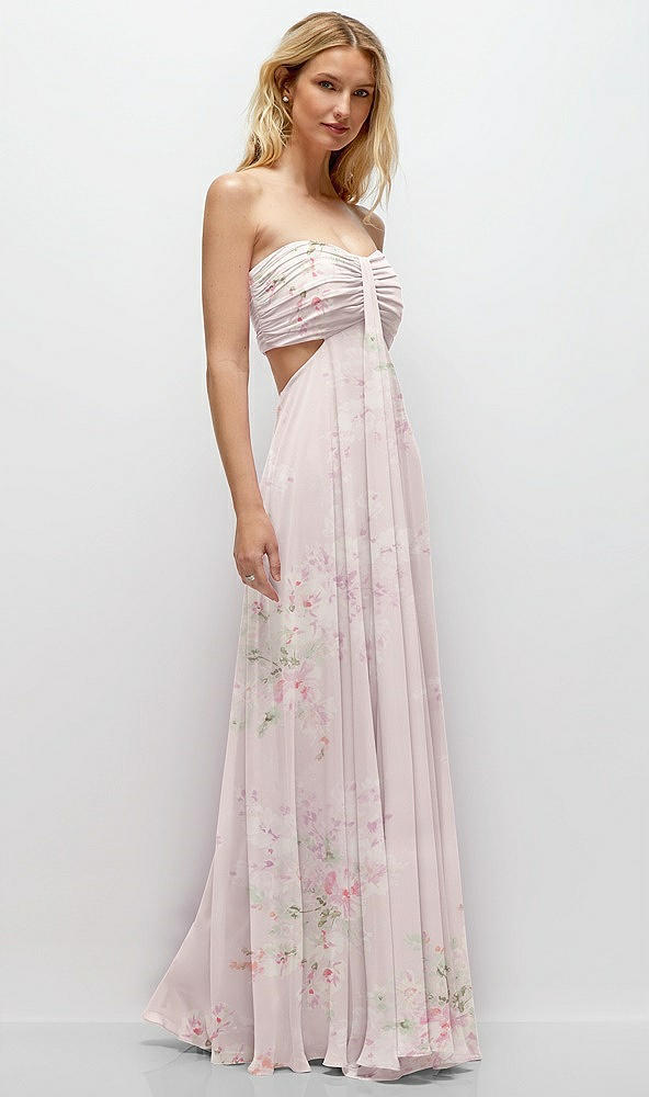 Back View - Watercolor Print Strapless Empire Waist Cutout Maxi Dress with Covered Button Detail