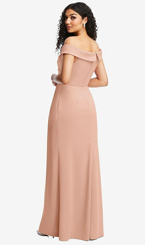 Back View - Pale Peach Cuffed Off-the-Shoulder Pleated Faux Wrap Maxi Dress