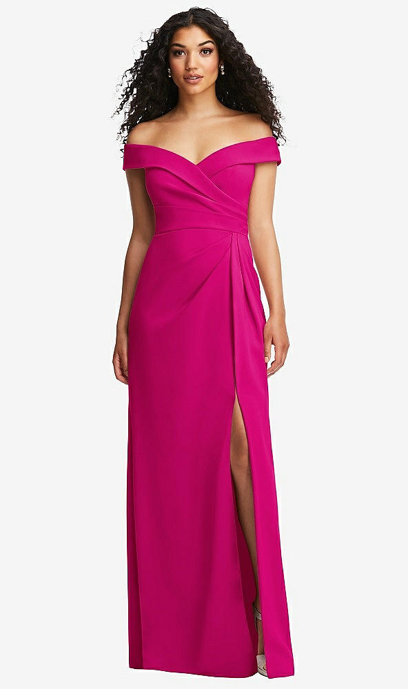 Front View - Think Pink Cuffed Off-the-Shoulder Pleated Faux Wrap Maxi Dress