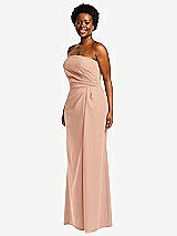 Side View Thumbnail - Pale Peach Strapless Pleated Faux Wrap Trumpet Gown with Front Slit