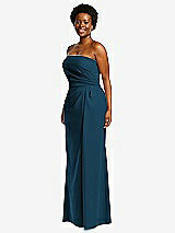 Side View Thumbnail - Atlantic Blue Strapless Pleated Faux Wrap Trumpet Gown with Front Slit