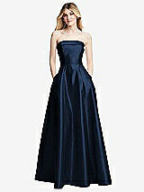 Alt View 3 Thumbnail - Midnight Navy Strapless Bias Cuff Bodice Satin Gown with Pockets