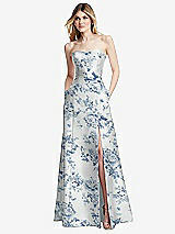 Front View Thumbnail - Cottage Rose Larkspur Strapless A-line Floral Satin Gown with Modern Bow Detail