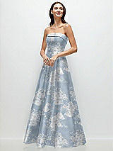 Front View Thumbnail - Porcelain Blue Seraphina Floral Strapless Bias Cuff Bodice Floral Satin Gown with Pockets