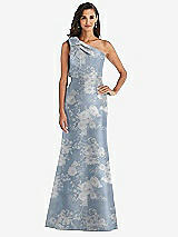 Alt View 1 Thumbnail - Porcelain Blue Seraphina Floral Bow One-Shoulder Floral Satin Trumpet Gown