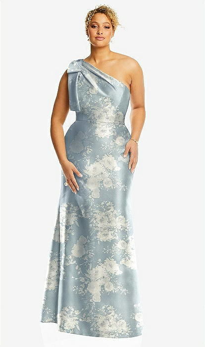 Bow One-shoulder Floral Satin Trumpet Bridesmaid Dress In 