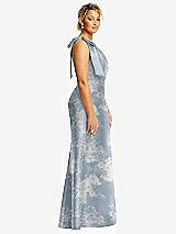 Side View Thumbnail - Porcelain Blue Seraphina Floral Bow One-Shoulder Floral Satin Trumpet Gown