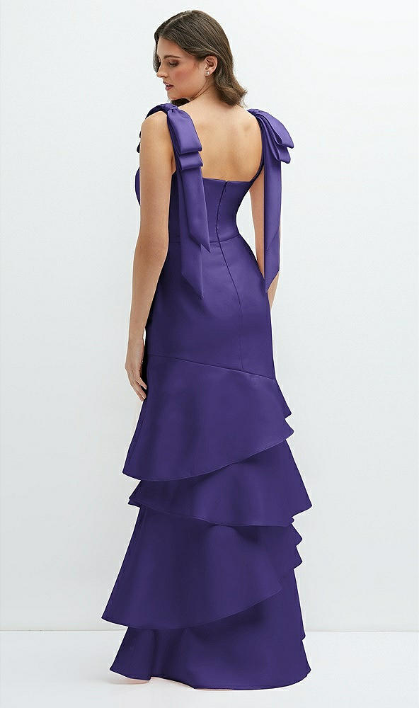 Back View - Grape Bow-Shoulder Satin Maxi Dress with Asymmetrical Tiered Skirt