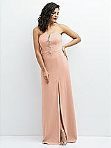 Front View Thumbnail - Pale Peach Strapless Notch-Neck Crepe A-line Dress with Rhinestone Piping Bows