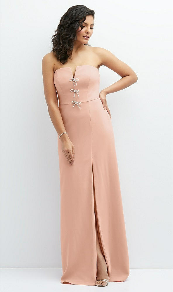 Front View - Pale Peach Strapless Notch-Neck Crepe A-line Dress with Rhinestone Piping Bows