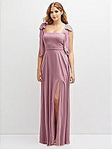 Front View Thumbnail - Dusty Pink Bow Shoulder Square Neck Chiffon Maxi Dress