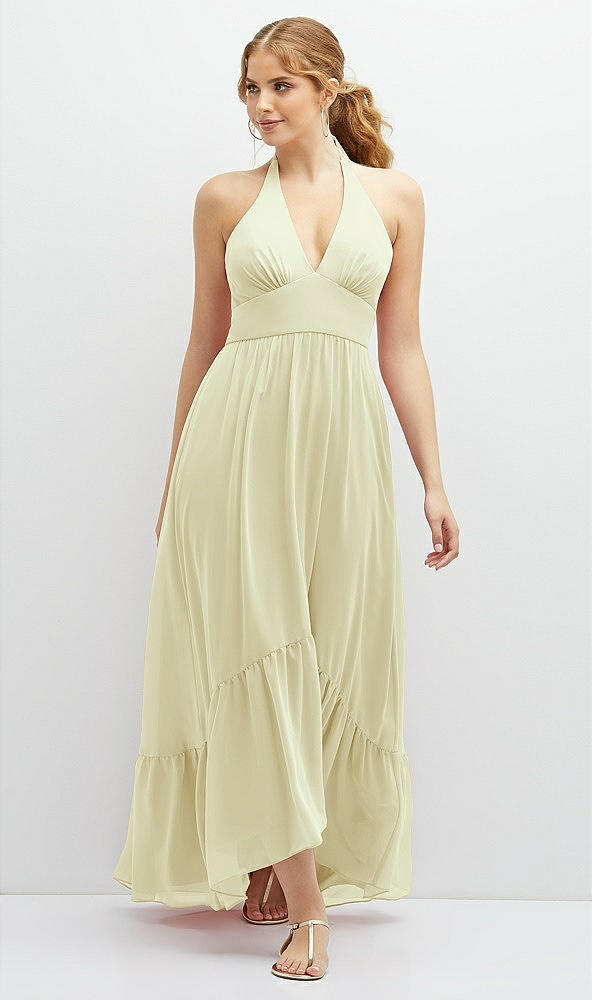 Front View - Butter Yellow Chiffon Halter High-Low Dress with Deep Ruffle Hem
