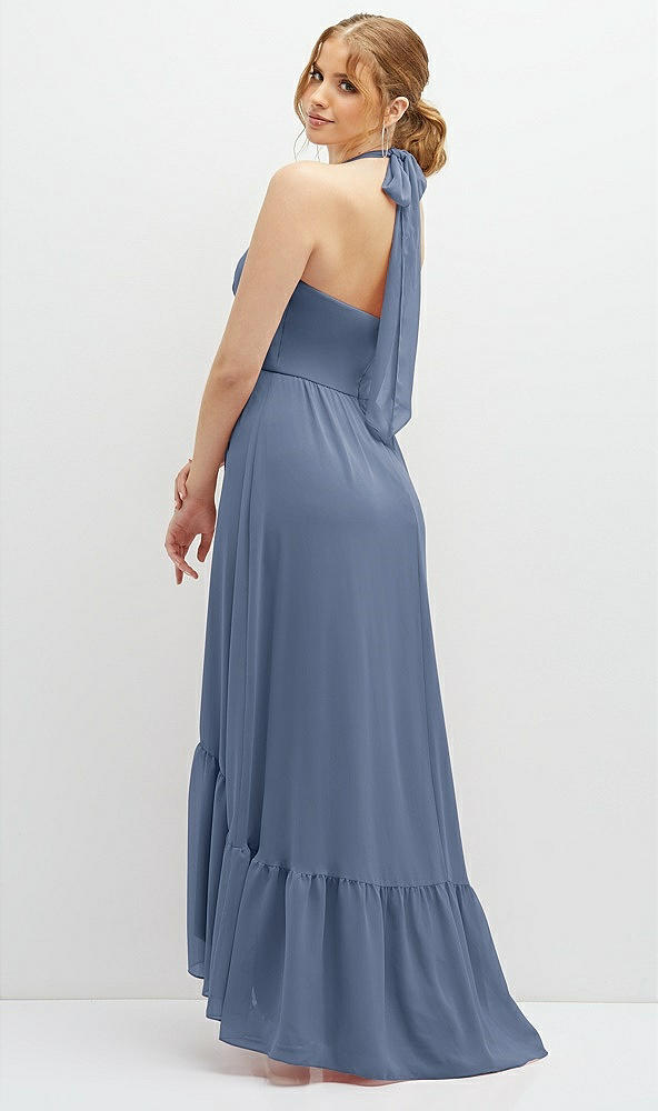 Back View - Larkspur Blue Chiffon Halter High-Low Dress with Deep Ruffle Hem