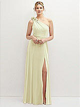 Front View Thumbnail - Butter Yellow Handworked Flower Trimmed One-Shoulder Chiffon Maxi Dress