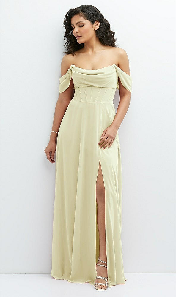 Front View - Butter Yellow Chiffon Corset Maxi Dress with Removable Off-the-Shoulder Swags